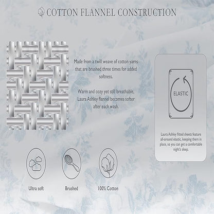 Laura Ashley - Flannel Sheets Full Size, Anti-Pilling & Wrinkle Resistant Cotton, Touchably Soft for All-Season Comfort - Bed Sheets with Matching Pillowcases & Fitted Sheet (Rosalie Grey)