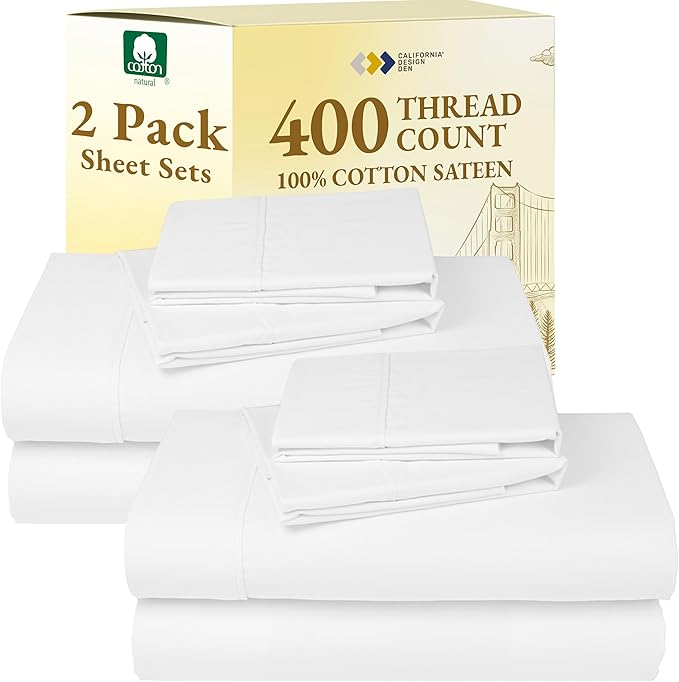 2-Pack Luxury Queen Sheet Sets - 400 Thread Count 100% Cotton Sateen - Extra Soft, Breathable & Cooling Sheets, Wrinkle Resistant, 2 Sets of Deep Pocket Bed Sheets - Antique White