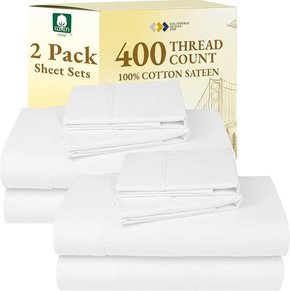 2-Pack Luxury Queen Sheet Sets - 400 Thread Count 100% Cotton Sateen - Extra Soft, Breathable & Cooling Sheets, Wrinkle Resistant, 2 Sets of Deep Pocket Bed Sheets - Antique White