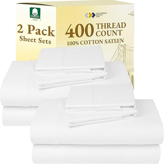 California Design Den 2-Pack Bed Sheets Full Size - 400 Thread Count 100% Cotton Sateen - Extra Soft, Breathable & Cooling Sheets, Wrinkle Resistant, 2 Sets of Deep Pocket Bed Sheets - Antique White