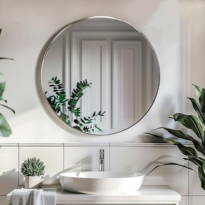 Silver Round Mirror 24 inch, Circle Mirror with Metal Frame, Silver Circle Mirrors for Living Room, Bathroom, Wall, Hallway.