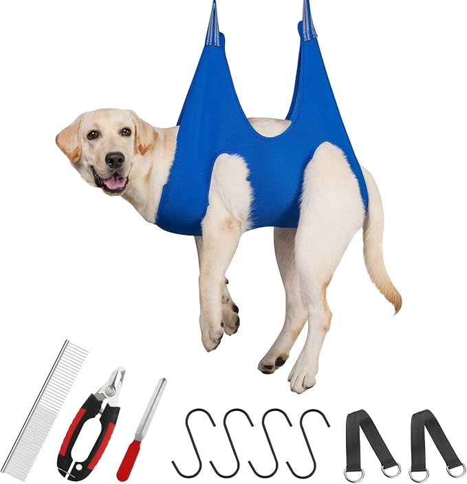 Guzekier Dog Grooming Hammock for Trim Nail, Dog Sling for Grooming, Dog Hammock Restraint Bag with Nail Clippers/Trimmer, Nail File, Pet Comb,Ear/Eye Care (Weight: 20-45 LBS)-Mewly Pet