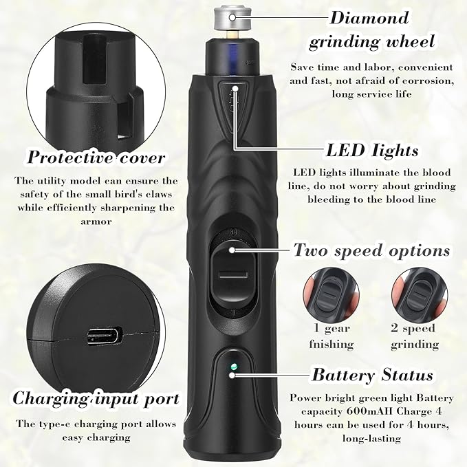 Lasnten 2 Pcs Bird Nail Grinder with Bird Nail Clipper Bird Nail Trimmer Bird Nail File with LED Lamp Grooming Tool for Bird Parrot Budgerigars Parakeets Myna Conure Finches Lovebirds (Black)-Mewly Pet