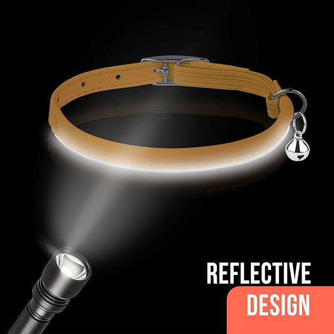 OOPSDOGGY Rolled Leather Cat Collar with Bell, Reflective Kitten Collars with Buckle Include Safety Elastic Strap - Adjustable Small Pet Collars for Boy Girl Cats (Yellow)-Mewly Pet