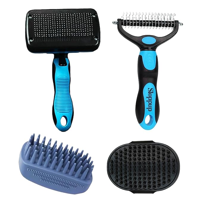 Dog Brush Kit for Grooming Short & Long Haired Dogs & Cats, 4-in-1 Pet Grooming Set with Self-Cleaning Slicker Brush, Deshedding Tool, Shampoo Bath Comb, Massge Comb (Blue Black)-Mewly Pet