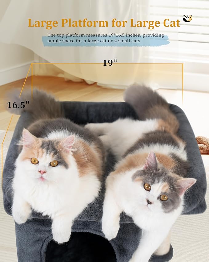 24in Cat Tree Tower with Scratching Post, 19 * 16.5in Window Perch for Large Cats, 2 Cat Condo Cubbies for Indoor Kittens, Dark Gray-Mewly Pet