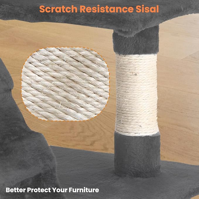 54.7 Inches Cat Tower for Indoor Cats, Multi-Level Cat Condos with Scratching Posts, Hanging Toys, Light Gray-Mewly Pet