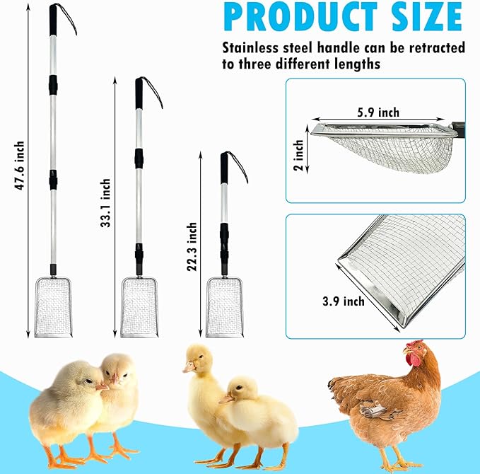 PINVNBY Stainless Steel Chicken Poop Scooper 3 in 1 Adjustable Long Handle Poop Scooper for Chicken(22.3" to 47.6") Multifunctional Chicken Coop Cleaning Tools Sifting Shovel Chicken Coop Accessories-Mewly Pet