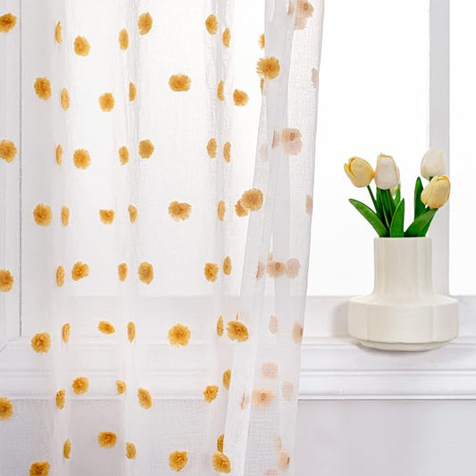 MYSKY HOME Living Room Curtains 2 Panels 95Inch Orang White Sheer Curtains for Bedroom Windows Light Filtering Semi Cute Pom Pom Curtains Sliding Door Extra Long Rod Pocket Backdrop 52" x 95"