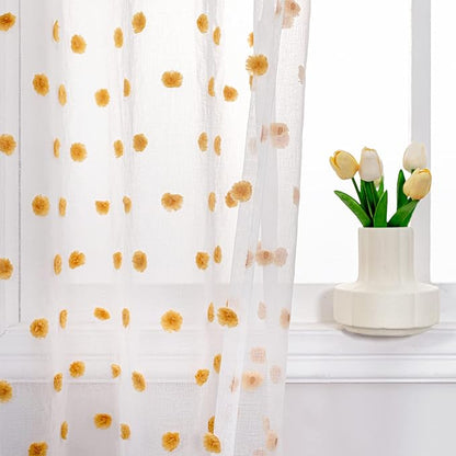 MYSKY HOME Orange Pom Pom Sheer Curtains for Girls Bedroom & Nursery - 72 Inch Long, 2 Panels, Light Filtering, Rod Pocket, Semi Window Drapes - 52 x 72 inch