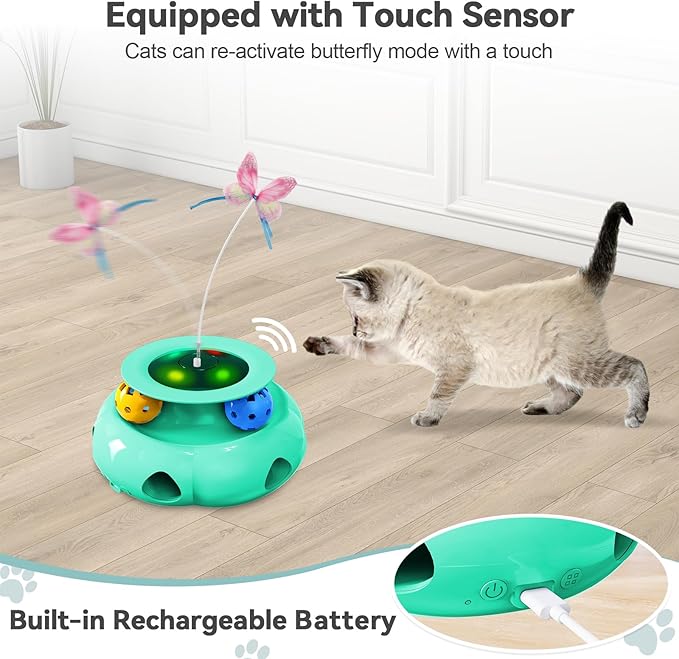 Cat Toys Interactive Rechargeable 3in1 Whack a Mole Cat Toy, Fluttering Butterfly, Track Balls, Touch Activated Automatic Kitten Toys for Indoor Cats-Mewly Pet