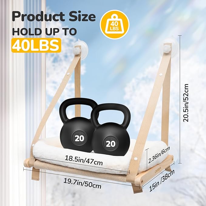 CATISM Cushion Cat Window Perch - Hammock - Window - Seat - Home - Cat Bed for Small to Medium Indoor Cats, Wooden, Machine Washable Cover, Foldable (Khaki, Cushion Bed Cover)-Mewly Pet