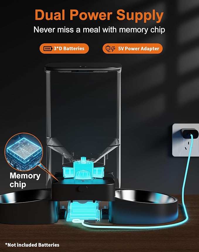 HoneyGuaridan 5L Automatic Cat Feeder for Two Cats, 5G WiFi Smart Feed Pet Feeder with Stainless Steel Bowl,APP Control Dispenser, Dual Power Supply,Desiccant Bag,10s Meal Call Black-Mewly Pet