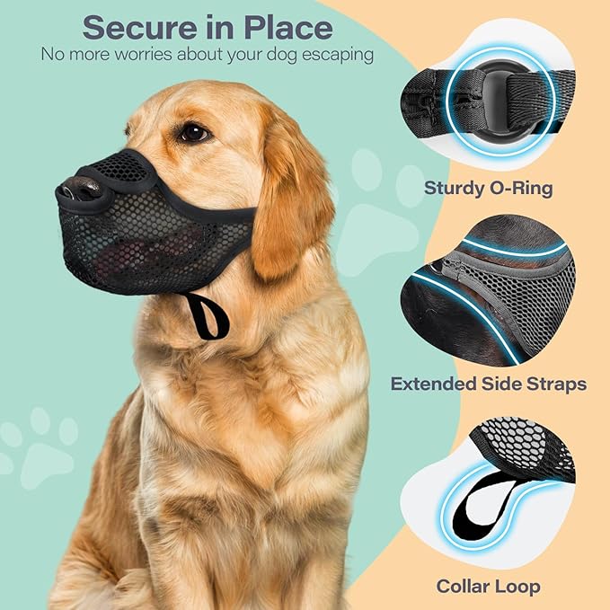 LUCKYPAW Dog Muzzle for Large Medium Small Dogs, Patented Mesh Muzzle to Prevent Biting Chewing Eating, Soft Mouth Guard with Front Opening Design for Drinking Panting(Black, M)-Mewly Pet