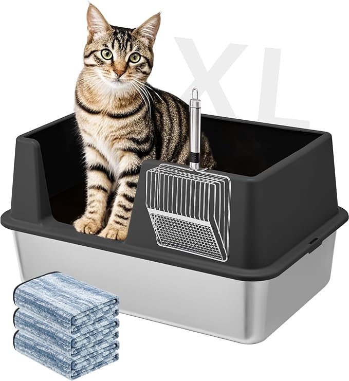 Stainless Steel Litter Box with Lid, 23.5" L x 15.8" W x 12.6" H, XL Metal Cat Box for Big Cats, High Sided Kitty Litter Box with Scoop & Pee Pads, Non-Sticky, Anti-Leakage, Easy to Clean (Black)-Mewly Pet