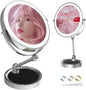 Large Lighted Makeup Mirror, Height Adjustable 8" Rechargeable Foldable Mirrors, 1X/10X Double Sided 3 Color Dimmable Magnifying Mirror, 360° Swivel Touch Screen Tabletop Standing Mirror, Chrome