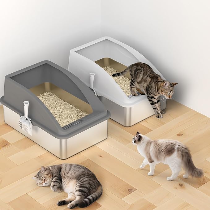 2 Pack Stainless Steel Litter Box | XL Enclosed Cat Litter Boxes with Lid for Big Cats and Multi-Cats | High Sided, Anti-Urine Leakage | Non-Stick Bottom（Multi-Colored）-Mewly Pet