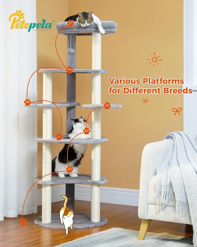 PETEPELA 61" Cat Tree for Indoor Cats, [6-Levels] Cat Climbing Tower with 9 Sisal Scratching Posts and Replaceable Dangling Ball &Top Perch, Grey-Mewly Pet
