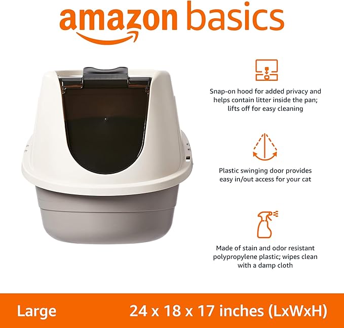 Amazon Basics No-Mess Hooded Enclosed Cat Litter Box, Large, Multicolor, 24 in x 18 in x 17 in-Mewly Pet