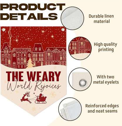 Christmas Wall Hanging Banner, "The Weary World Rejoices" Canvas Wall Art, Festive Town & Santa Sleigh Print Hanging Decor for Home, Living Room, Bedroom Holiday Decoration, 15.7 x 21.6 In