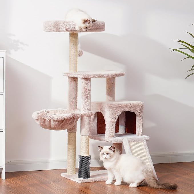 Heybly Cat Tree with Cat Self Groomer Brush, Cat Tower Condo for Indoor Cats with Padded Plush Perch, Cat House with Basket Scratching Board Post, Muchroom HCT005SMU-Mewly Pet