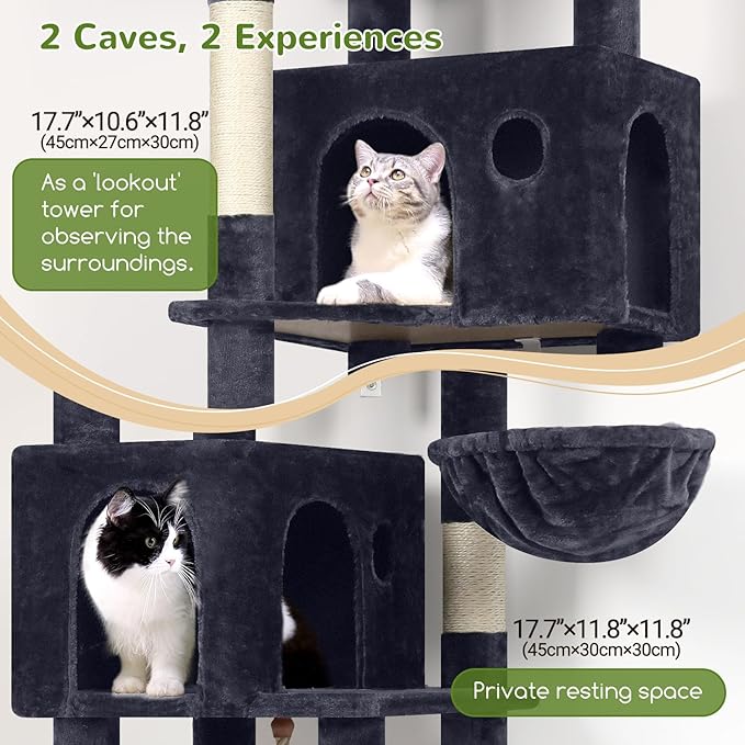 Globlazer Cat Tree, 70 inch Tall Scratching Tower Multi-Level Cat Condo for Indoor Multiple Cats with 2 Large Cat Caves, Top Perch, Large Platform, Bottom Swing, F70B, Dark Grey-Mewly Pet