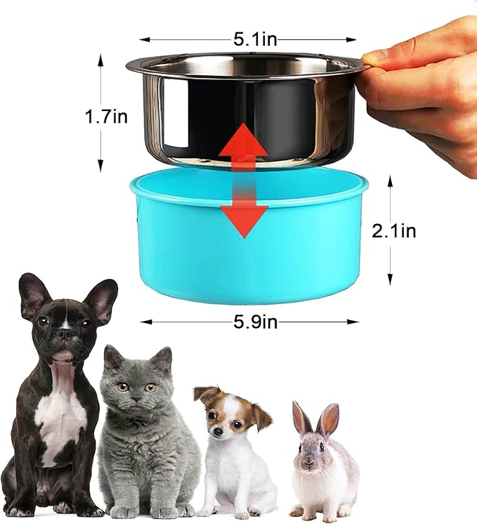 HERCOCCI Dog Crate Bowl, Removable Stainless Steel Pet Kennel Cage Hanging Food Bowls and Water Feeder Coop Cup Prevent Overflow for Puppy, Medium Dog, Cat, Rabbit, Ferret (2PCS)-Mewly Pet