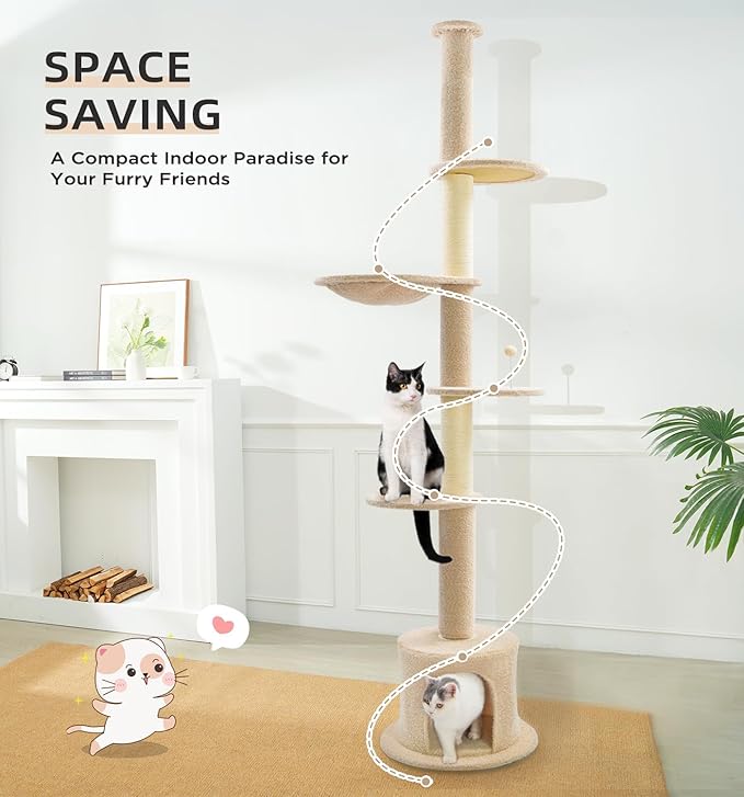 Made4Pets Floor to Ceiling Cat Tree 93-106'',Tall Cat Tower 5 Tiers, Adjustable Height, Stable Cat Tree Tower with Scratching Posts, Fluffy Condo, Hammock and Ball Toy for Indoor Cats/Kitten, Beige