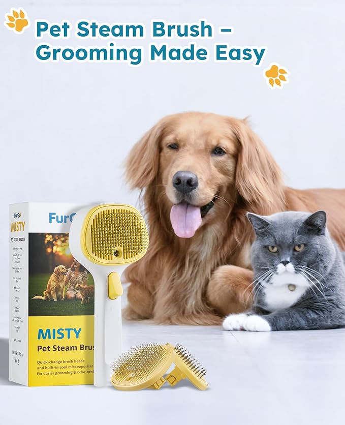 FURGO 3-in-1 Pet Steam Brush for Dogs & Cats – Reduces Static, Replaceable Heads, One-Touch Hair Ejection, Dog Spray Brush for Shedding Control(Long&Short)-Mewly Pet
