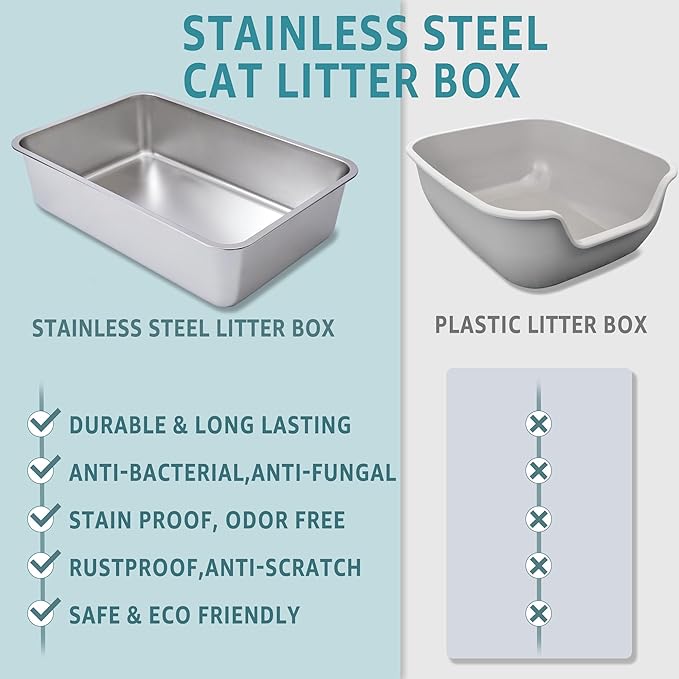 Stainless Steel Litter Box -6in High Sided,XL Metal Cat Litter Box for Big Cats Easy to Clean, Cat LitterBox Metal Pet Toilet for Adult Big Cats,Non Stick, No Smell,23.6"x15.8"x6"-Mewly Pet