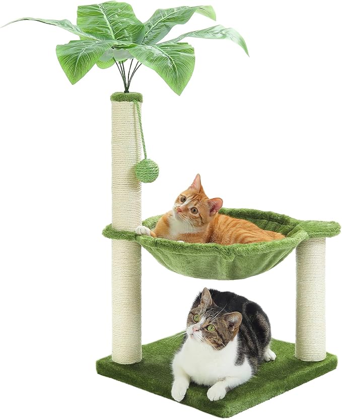 Small Cat Tree, 28" Cat Tower with Sisal Scratching Posts and Coconut Leaves for Indoor Small Cats, Large Hammock and Dangling Ball for Kittens, Green-Mewly Pet