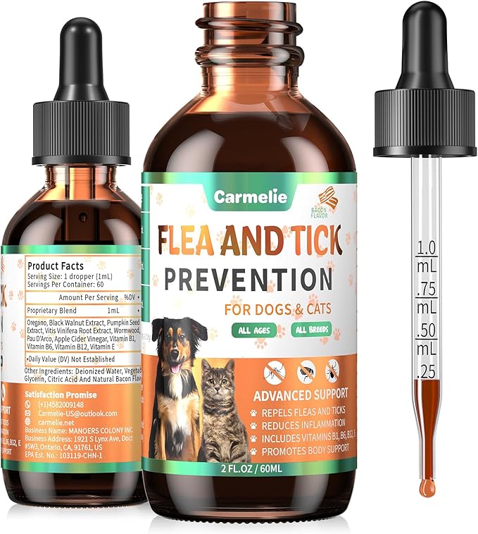 Oral Flea and Tick Support for Dogs and Cats, Natural Dog Flea and Tick Defense, Cat Flea Drops Supplements with Vitamin for Pets - All Breeds and Ages - Bacon-Mewly Pet
