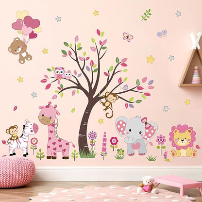 decalmile Pink Animal Tree Wall Decals Forest Lion Elephant Monkey Wall Stickers Girls Bedroom Baby Nursery Wall Decor