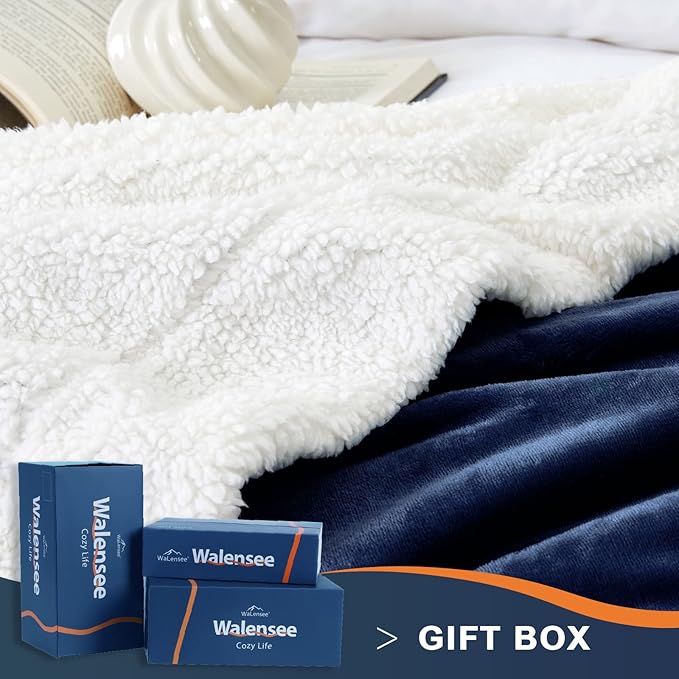 Walensee Sherpa Fleece Blanket (Throw Size 50”x60” Navy) Plush Throw Fuzzy Super Soft Reversible Microfiber Flannel Blankets for Couch, Bed, Sofa Ultra Luxurious Warm and Cozy for All Seasons