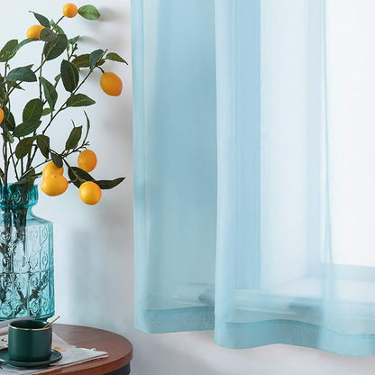 DUALIFE Sky Blue Sheer Curtains 63 Inches Length Look Semi Transparent Natural Light Flow Grommet Curtains for Bedroom and Living Room, 52 x 63 Inches, Set of 2 Panels Light Baby Blue