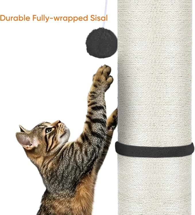 PAWSCRAT Cat Scratching Post 32" Tall, Large Diameter Natural Sisal Cat Scratch Post with Dangling Ball, Scratch-Resistant and Durable Tall Cat Scratcher for Indoor Cats, Protect Your Furniture, Grey-Mewly Pet