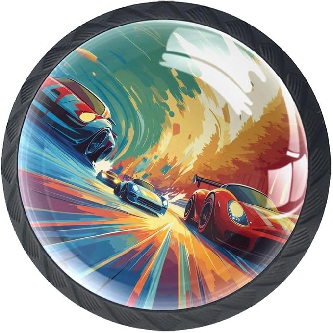 Race Cars with Colorful Racing Track Cabinet Knobs, 35mm Round Glass Knobs for Dressers and Drawers, Decorative Handles Pulls for Home Kitchen Bedroom, 4 Pack