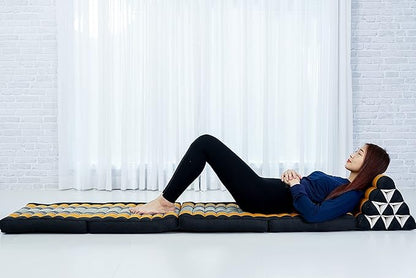 Leewadee Comfortable Japanese Floor Mattress - Thai Floor Bed with Triangle Cushion - Futon Mattress - XL Extra Long Thai Massage Mat, 89 x 20 inches, Black Orange, Kapok Filling