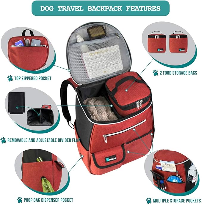 PetAmi Dog Travel Bag Backpack, Airline Approved Dog Bags for Traveling, Puppy Diaper Bag Supplies, Pet Camping Essentials Hiking Accessories Dog Mom Gift, Food Container, Collapsible Bowls, Red-Mewly Pet