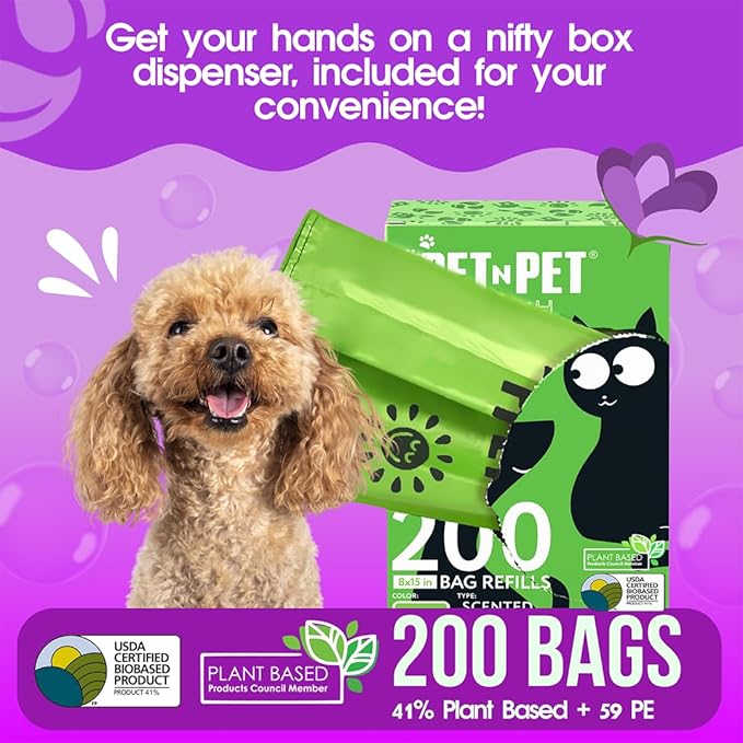 Pet N Pet 200 Counts Lavender Scented Dog Poop Bags Rolls with Tie Handles, 38% Plant Based & 62% PE Poop Bags for Dogs, Extra-Thick Doggie Poo Bag, Pet Waste Bag-Mewly Pet