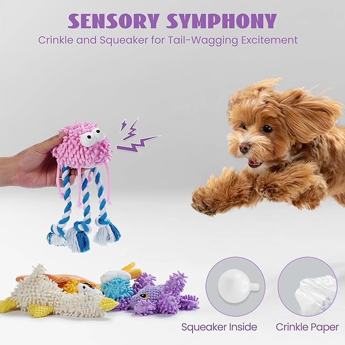 Nocciola Plush Squeaky Dog Toys, Cute Durable Stuffed Crinkle Puppy Pet Chew Toys for Large Medium Small Dogs - Jellyfish-Mewly Pet