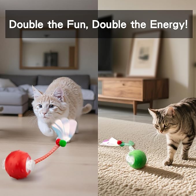 Red & Green Interactive Cat Toy Ball Combo – Automatic Agile Moving Cats Toys with 4 Tail Accessories, Bird Chirping & Motion Activated, Kitten Balls for Multi-Cat Households-Mewly Pet