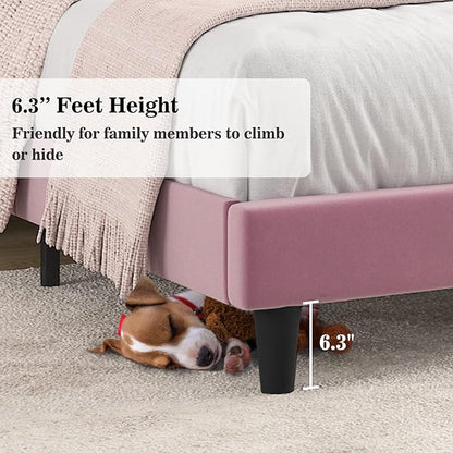 Allewie Queen Bed Frame/Velvet Upholstered Bed Frame with Vertical Channel Tufted Headboard/Strong Wooden Slats/Platform Bed Frame/Mattress Foundation/Box Spring Optional/Easy Assembly/Pink
