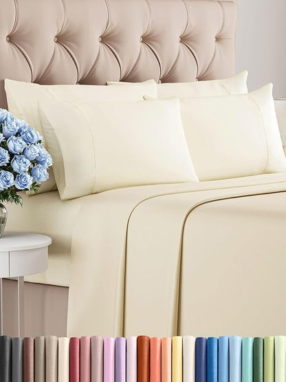 Full 6 Piece Sheet Set - Comfy Breathable & Cooling - Ultra-Soft Hotel Luxury Bedding Set with 8-16 Inch Deep Pockets - 1 Flat & 1 Fitted Sheet & 4 Pillowcases - Wrinkle Free & Easy Care - Off White