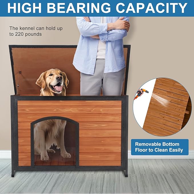 Dog House Outdoor Weatherproof 43.3" L Chew Proof Dog Kennel for Small Medium Large Dogs with Strong Metal Chew Proof Frame Raised Design-Mewly Pet