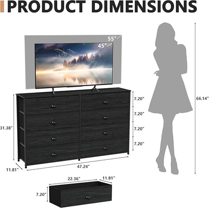 Furnulem Wide Dresser with 8 Fabric Drawers, TV Entertainment Center with Storage for 55'' TV, Large Chest of Drawers for Bedroom, Living Room, Dorm, Closet, Entryway, Wood Top (Black Oak)