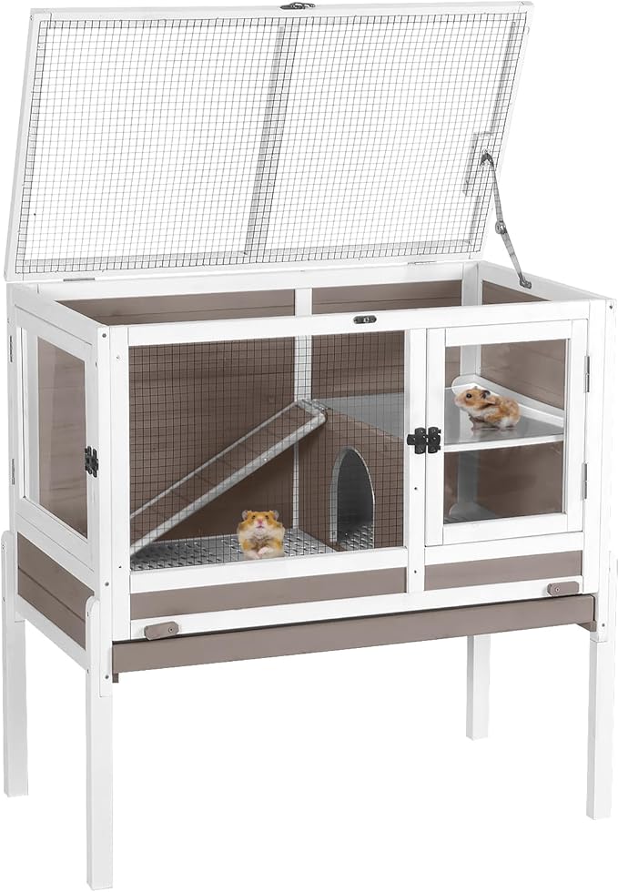 Aivituvin Wooden Guinea Pig Cages Indoor with Removable Stand, Anti Chewing Rabbit Hutch with Ramp and Wire Mesh, 2 Story Small Animals House Habitat with Pull Out Tray (Brown)-Mewly Pet