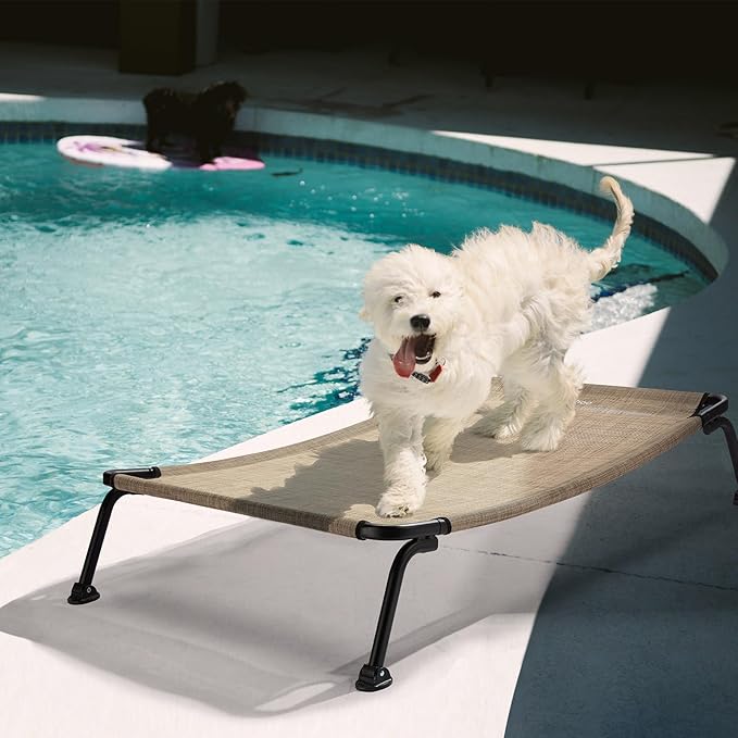 Veehoo Outdoor Elevated Dog Bed, Cooling Raised Dog Cots Beds for Medium Dogs, Portable Waterproof Curved Dogs Hammock Bed for Outside, up to 100lbs, Black Legs, Beige 32"-Mewly Pet