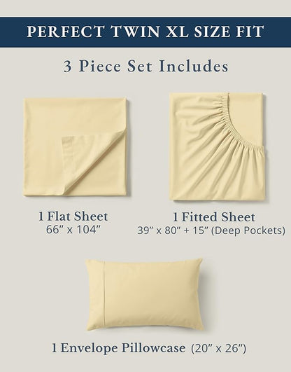 LANE LINEN 100% Organic Cotton Sustainably Produced Twin XL Bed Sheets, Mercerized Fully Elasticized Percale Perfect for Hospital Bed & Dorm Room, Reinforced Seams Twin XL Sheets-Vanilla