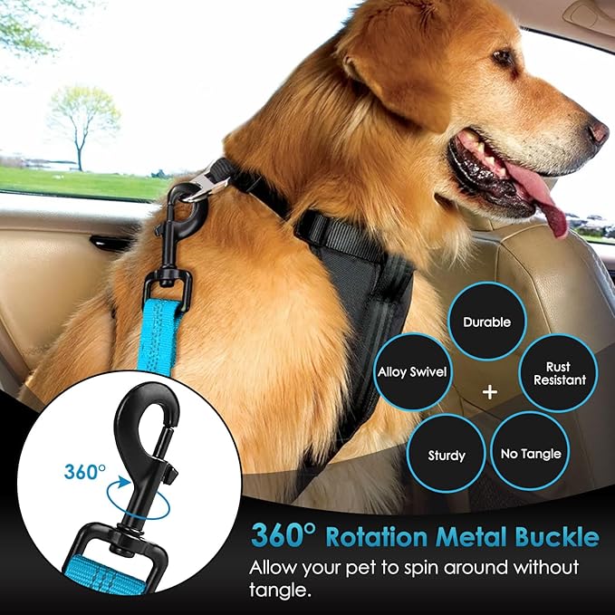 SlowTon Dog Seat Belt, Adjustable Dog Safety Belt Leash, 2 in 1 Latch Bar Attachment Dogs Car Seatbelt with Elastic Nylon Bungee Buffer, Reflective Nylon Belt Tether (TB,35.5in)-Mewly Pet